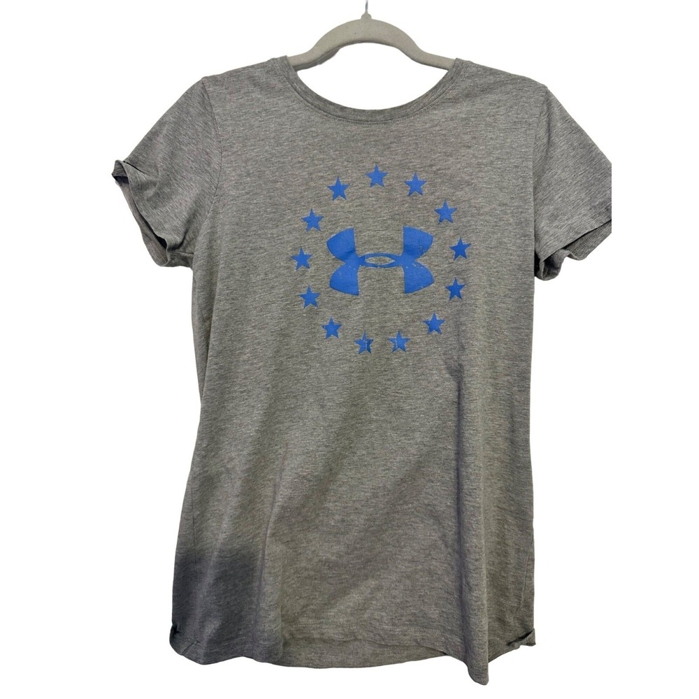 Under Armour T-Shirt Freedom Graphic Gray Blue Stars HeatGear Large